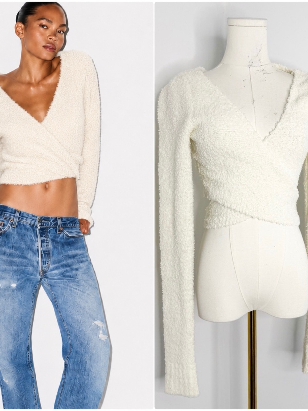 SKIMS Cozy Knit Wrap Sweater S/M Cream Teddy Fuzzy Cropped Tie Front
